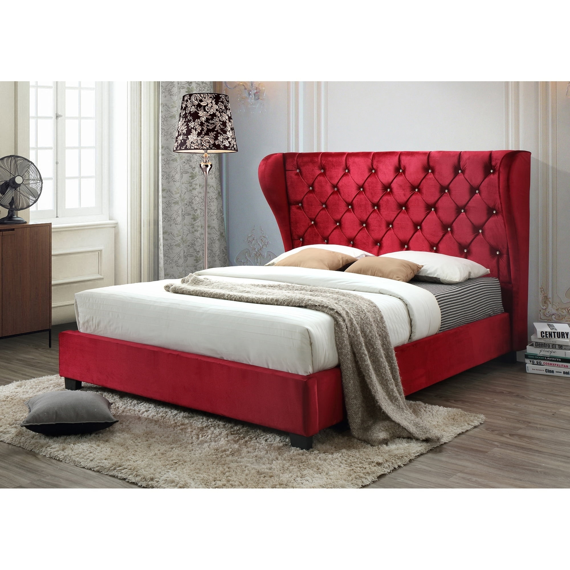 Red Tufted Classic Velvet Wingback Queen Platform Bed with a 65-in Tall