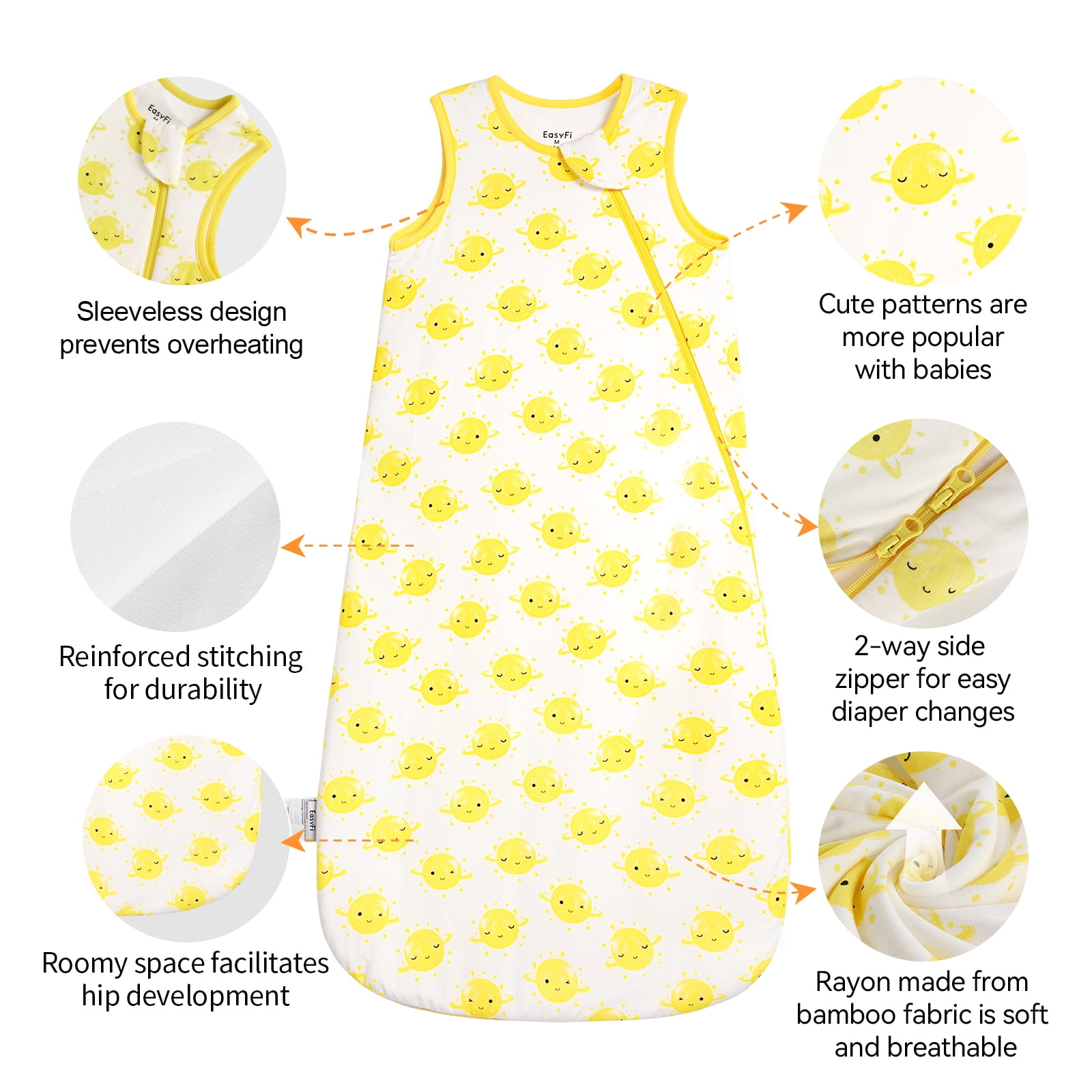 All-year-around Cute Baby Sleep Sack 0-6 Months Rayon Made from Bamboo Sleeping Bag 1.0 Tog Premium 2-Way Zipper Baby Wearable Blanket - Yellow Planet