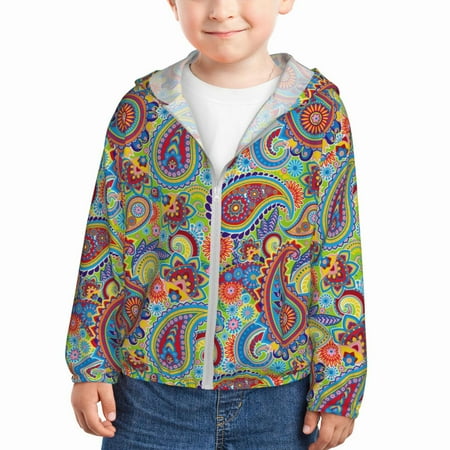 

Sun Hoodie for Kids Colored Paisley Long Sleeve Swim Fishing Shirts Sun Protection Zip Up Jacket Clothing Athletic Hoodie
