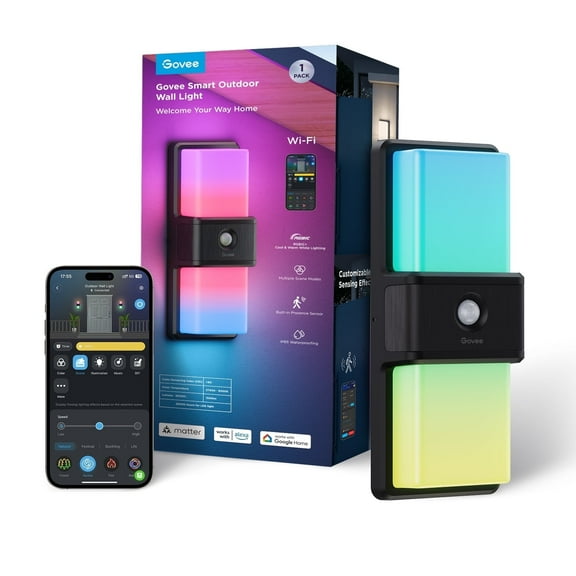 Govee Smart Outdoor Wall Light For House, LED Multicolor Dimmable, IP65 Waterproof, Wi-Fi Control,Corded Electric, 1 Pack