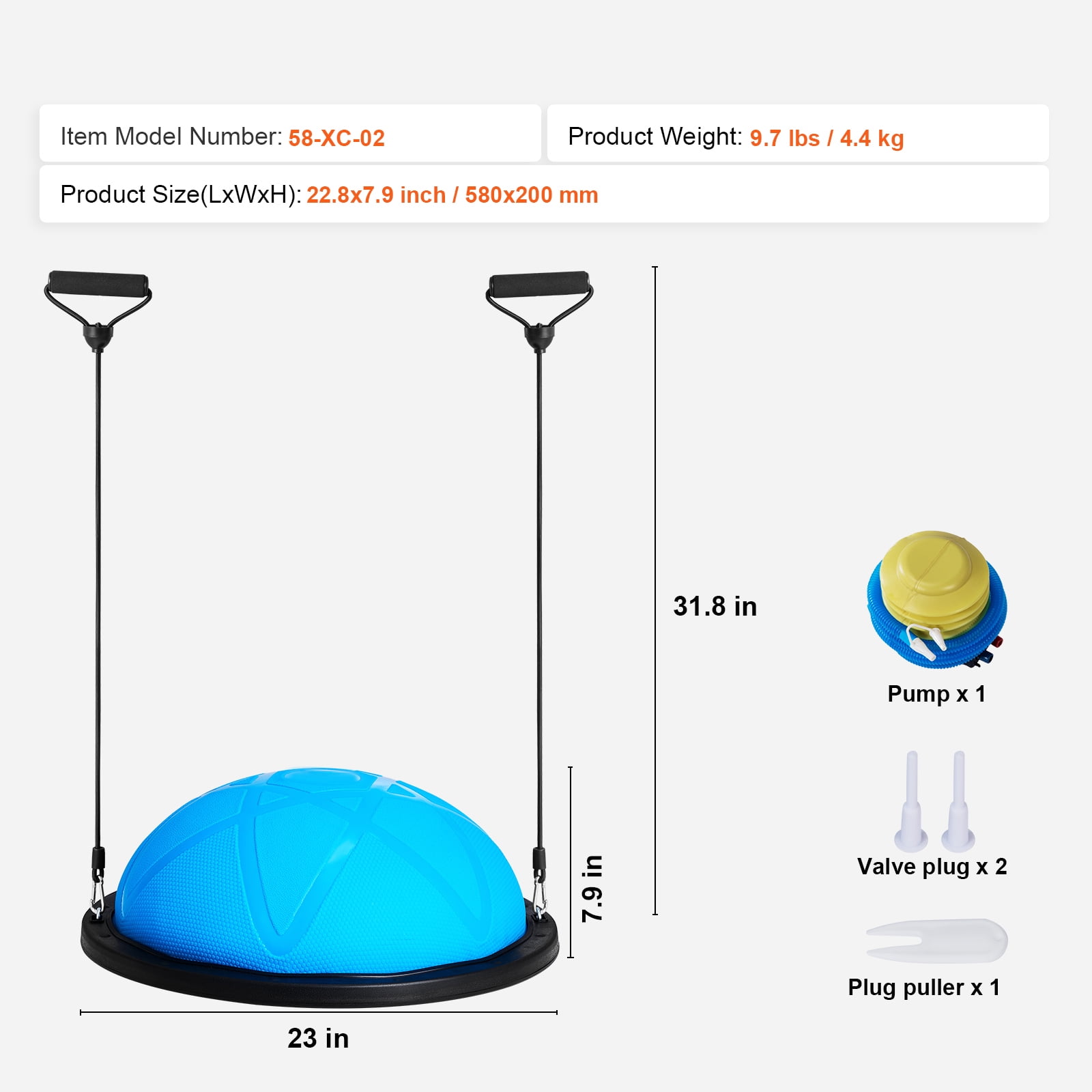 KFFKFF Half Workout Sphere, 23-inch Equilibrium Sphere, Supports 660 lbs, Yoga Sphere with Resistance Straps and Inflator, Strength Training Sphere for Domestic Gym, Comprehensive Body Exercises