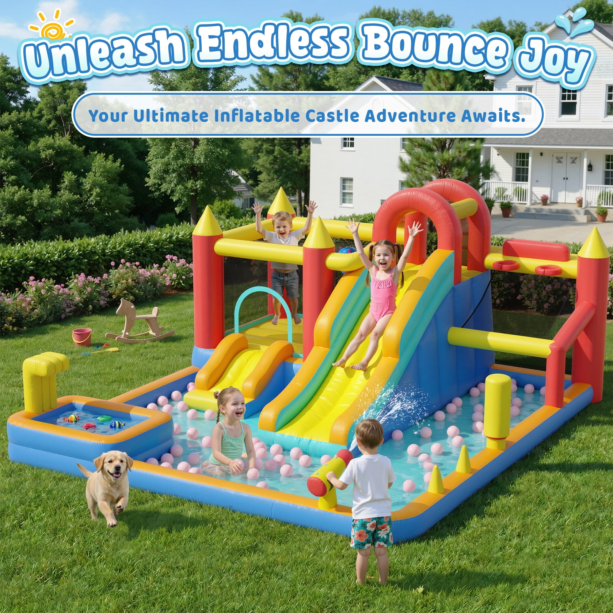 Sunnyfree 13 in 1 Inflatable Bounce House, 185" × 157" × 83" XXL Inflatable Water Slide, 196in power cord, Fishing Game, Double Water Slides, Basketball Hoop, Climbing Wall, Indoor&Outdoor