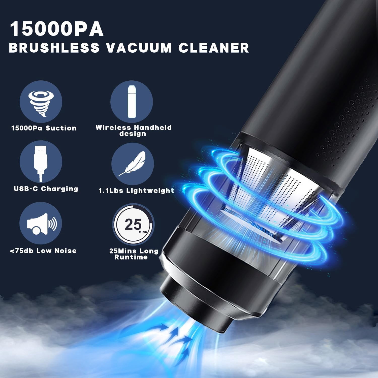Car Vacuum Cleaner, 15000Pa Brushless Car Vacuum Cordless, 2 Speeds, Type-C Fast Charging, 400ml Dust Cup, Low Noise Handheld Vacuum for Car Home Pet Office