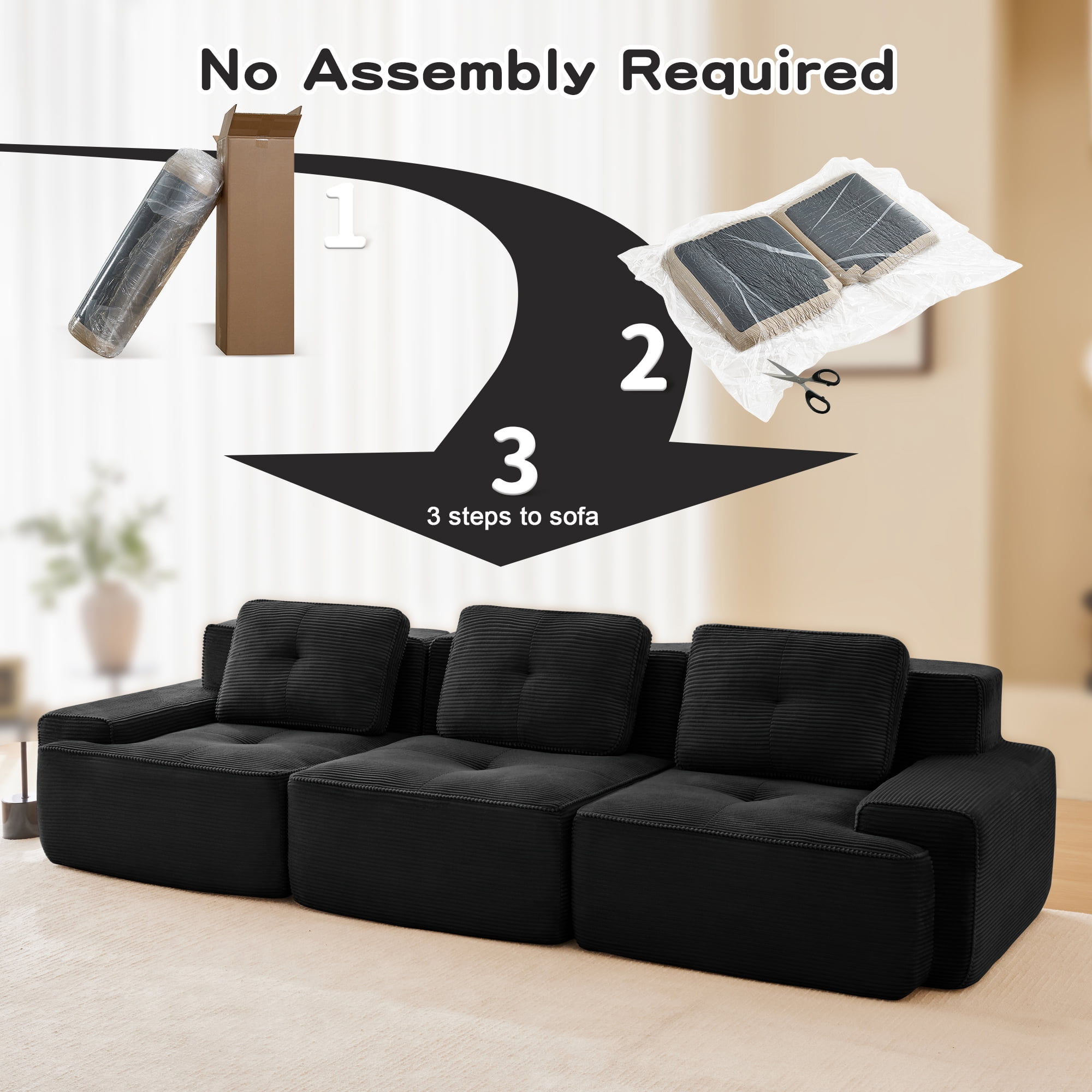 Yoneston 117" Modular Sectional Sofa 3 Seater Couch with Cushions, No Assembly Corduroy Sofa with Deep Seating for Living Room Bedroom Apartment, Black