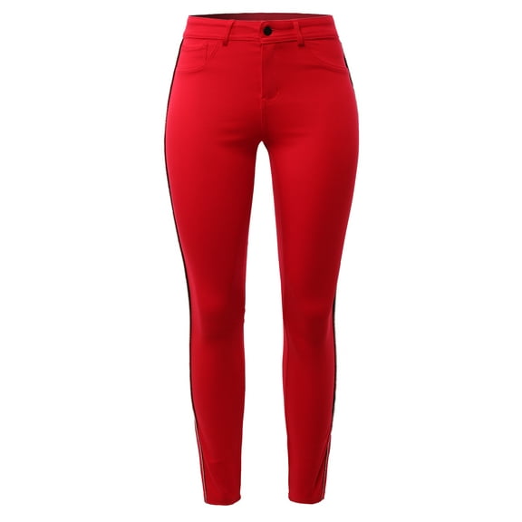 A2Y Women's Solid Slim Fit High Rise Side Rhinestoned Line 5 Pockets Ponte Pants Red L