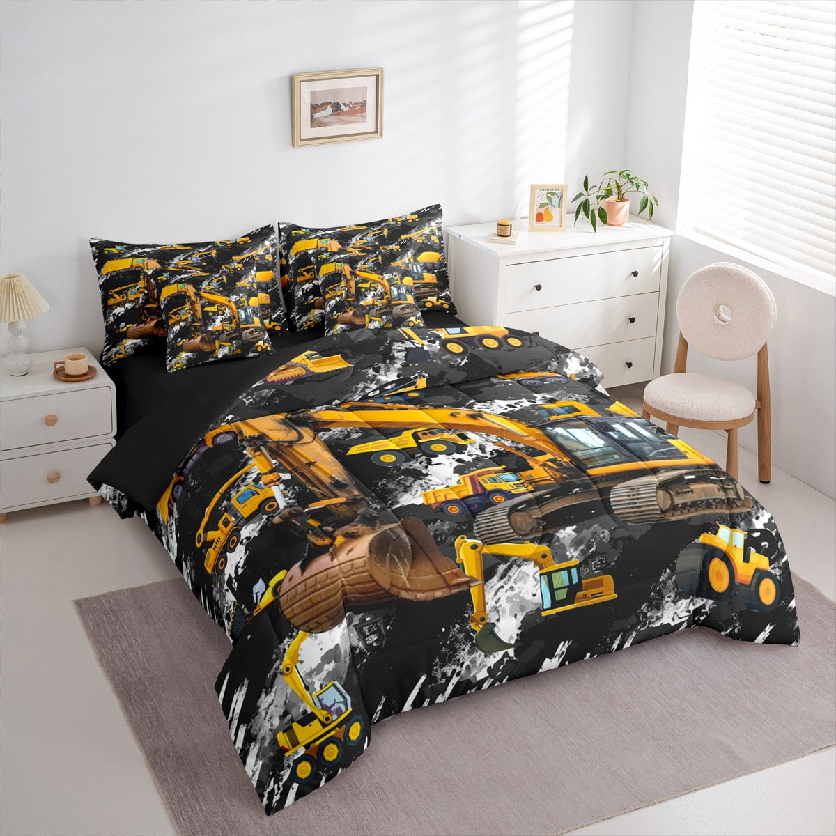 Manfei Excavator Pattern 7 Pieces Bedding Comforter Set,Construction Vehicles Full Bedding Set,Yellow Black Fitted Sheet Flat Sheet For Boys Kids,Luxury Bedroom Decor Reversible