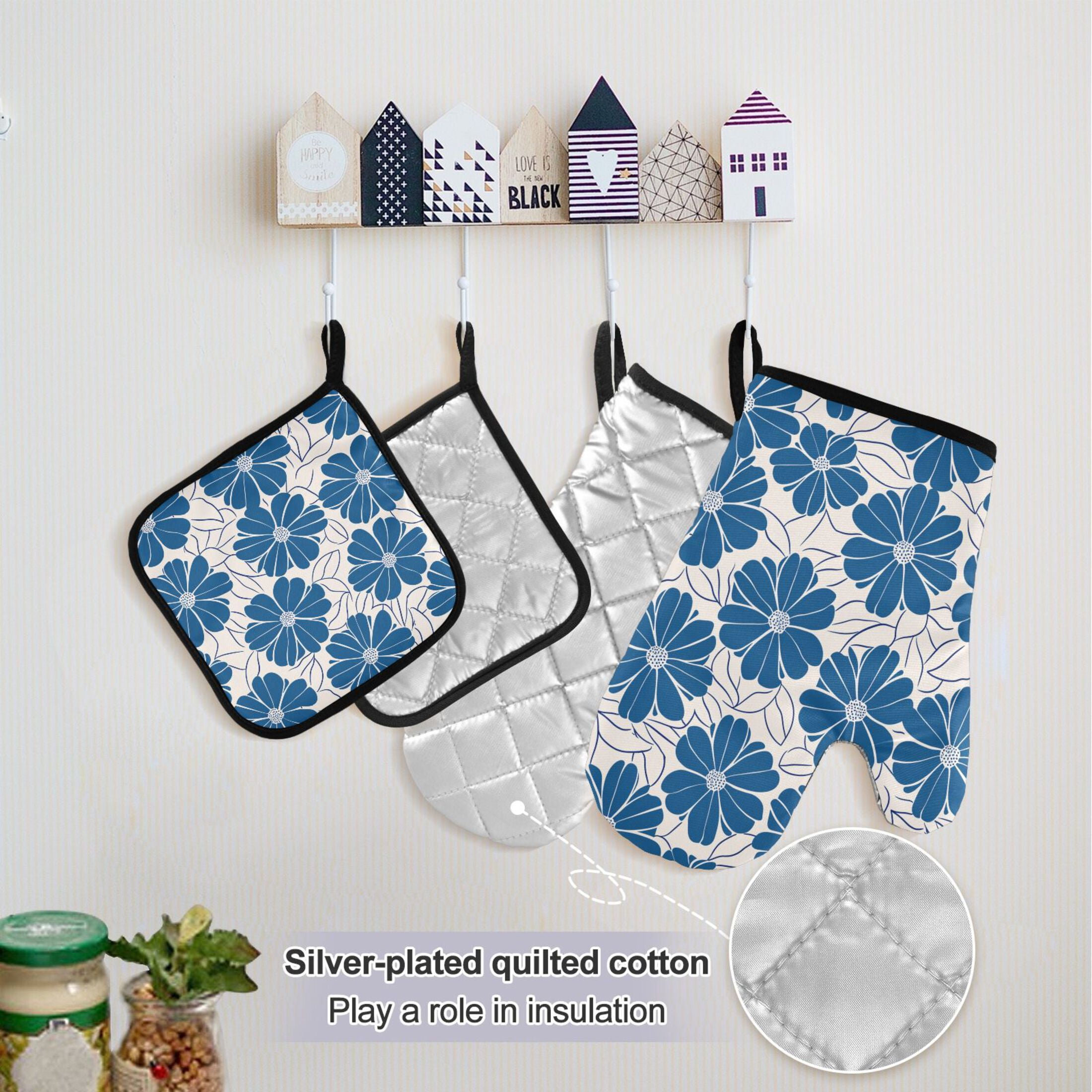 Blue Flowers with Petals 5 Pcs Kitchen Set Heat Resistant Oven Mitts and Non-Slip Pot Holders with Adjustable Cooking Apron