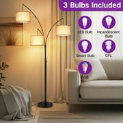 OUTON 3 Light Floor Lamp, 80 Mordern Standing Lamp with Linen Lamp Shade, Arc Floor Lamp for Living Room, Bedroom, Office, 3 Bulbs Includes(Black)