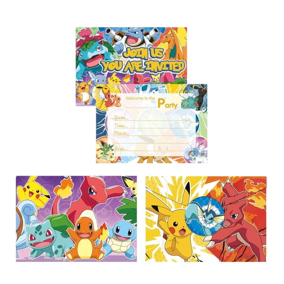 Pikachu Birthday Party Invitation & Envelopes，12Pcs