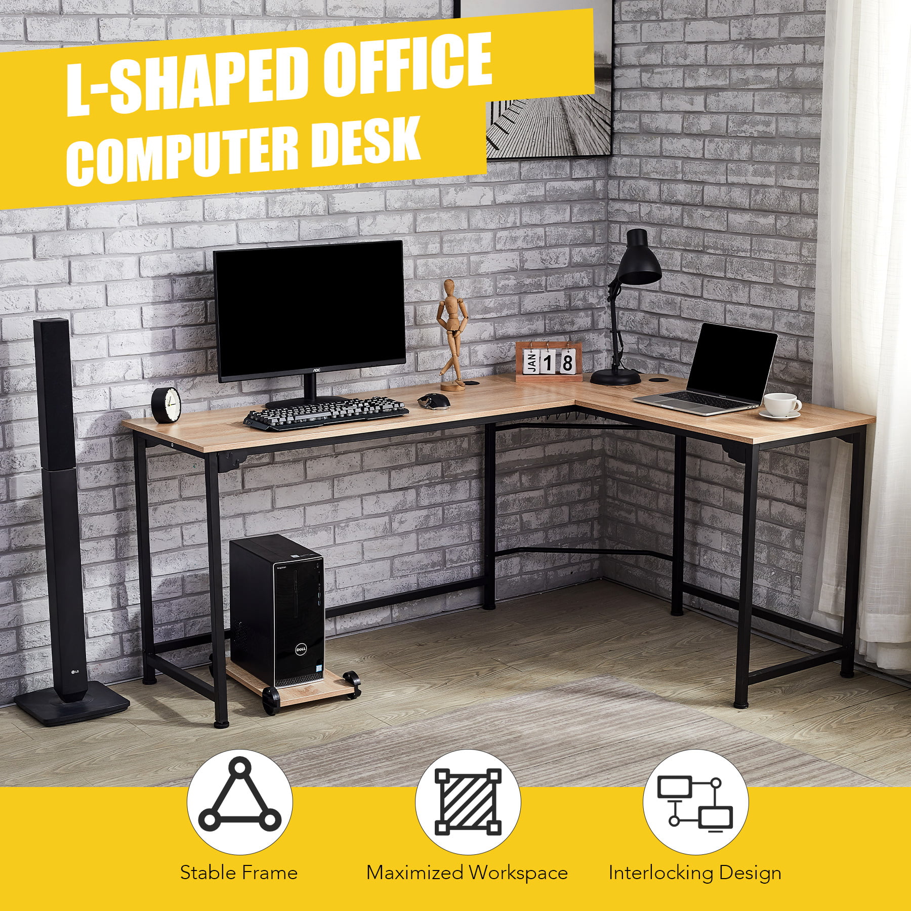 L Shaped Gaming Computer Corner Desk W Cable Management 72x19 53x19 Oak Home for sale online 