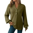 thumbnail image 3 of Loopsun Womens Fall Tops, Long Sleeve T Shirts for Women, Women's Fashion Casual Solid Button V-neck Hooded Drawstring Pullover Top Green, XXL, 3 of 5
