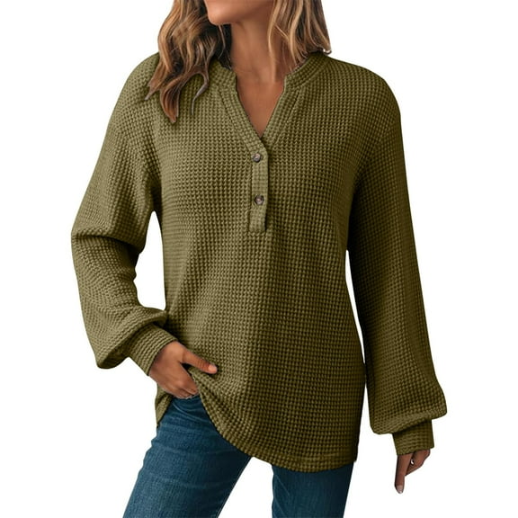 Womens Casual Waffle Sweatshirts Notch V Neck Button-up Pullover Tops Fall Winter Fashion Long Sleeve Shirts Loose Comfy Tunic Sweatshirt Solid Textured Blouses Ladies Trendy Outfits Hoodies