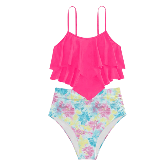 Kiijoy Girls Bikini Swimsuit Ruffle High Waist Bathing Suit Beachwear, Sizes 10-14