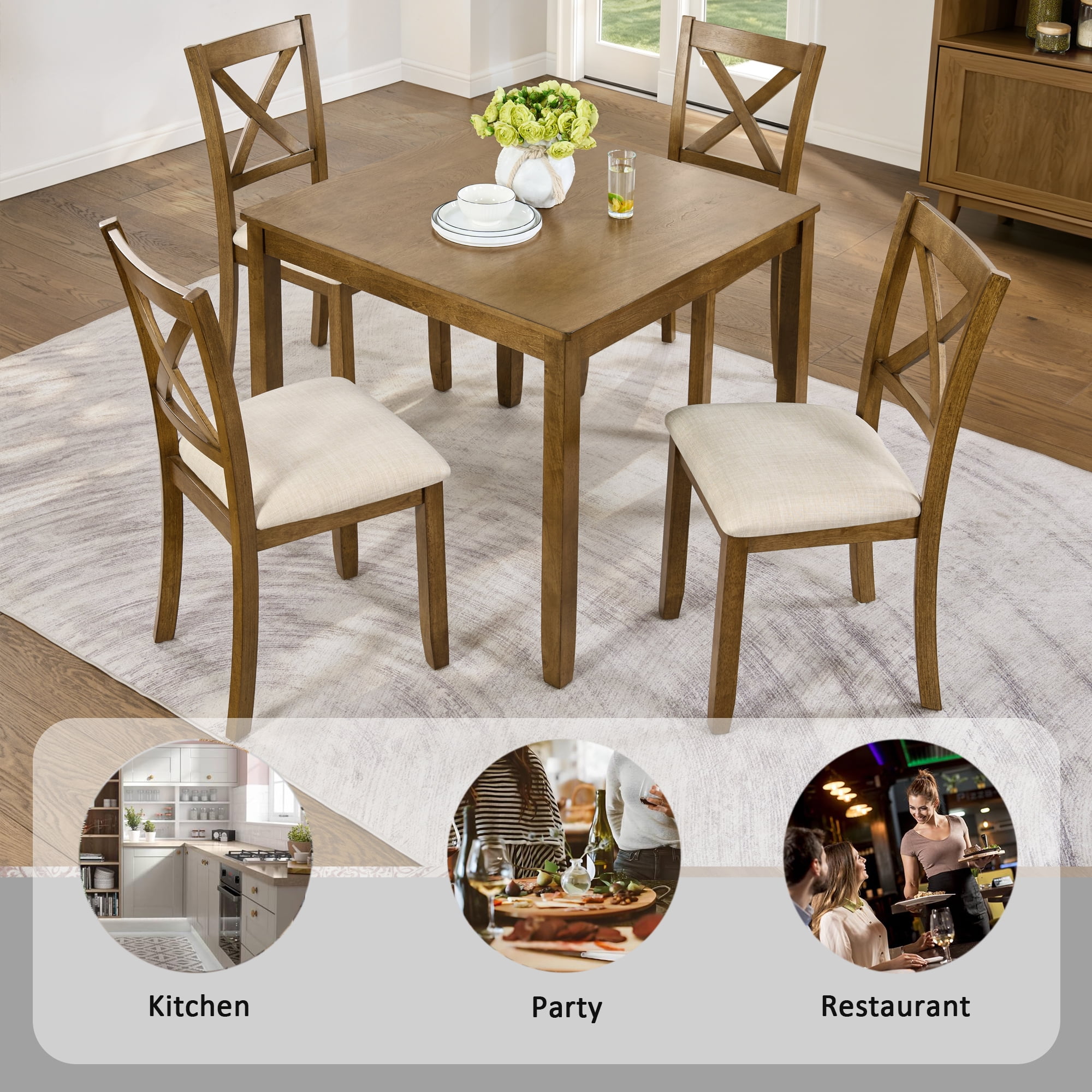 5-Piece Dining Table Set for 4, Square Dining Table with 4 Upholstered Chairs