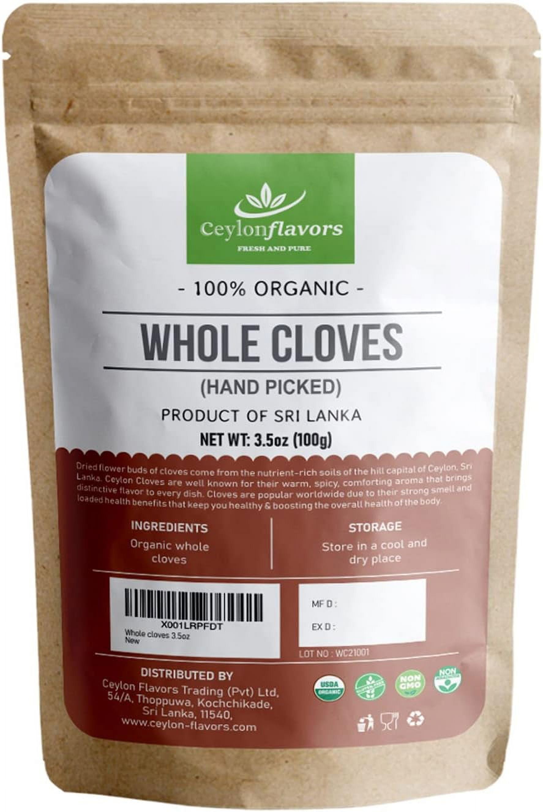 Organic Ceylon Cloves Premium Grade Hand Picked Whole Cloves 3.5 oz. USDA Certified Organic