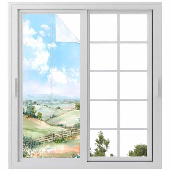 Spring Window Privacy Film, Grassland Blue Sky Trees Mountain Nature Scenery Static Cling UV Sun Blocking Heat Control Window Tint Day and Night, Non-Adhesive One Way Privacy Cover 29.5''x78.7''