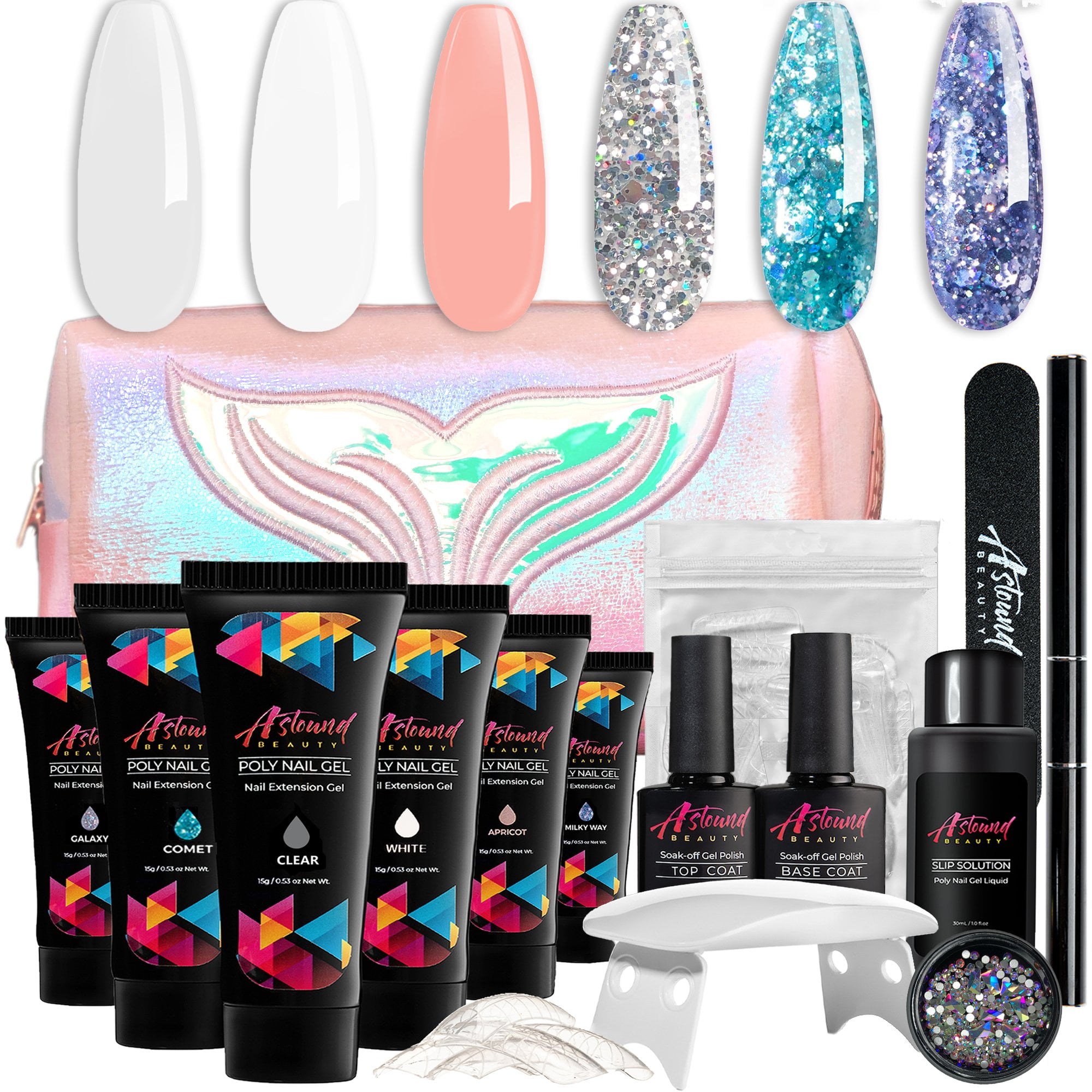 LED Lamp, Slip Solution and Glitter Color Poly Nail Gel All-in-One Nail Kit  