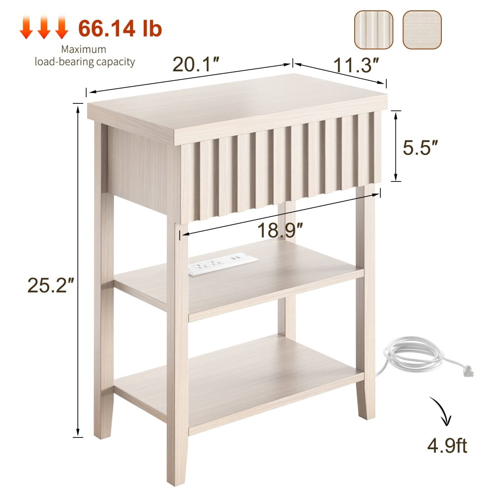 Nightstands Set of 2 with Charging Station, 2 USB Ports & 2 AC Outlets, Fluted Farmhouse Bedside Tables with Drawer & 2 Open Shelves, Beige