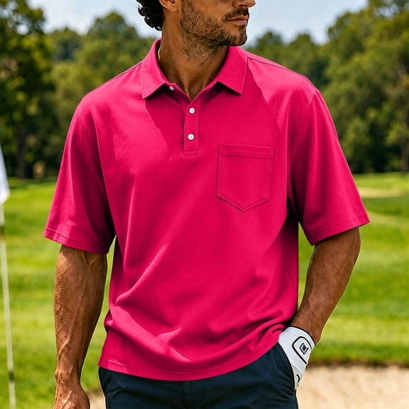Men's Short Sleeve Polo Shirt with Chest Pocket, Solid Color Collared Button Up Casual Top, Lightweight Breathable Summer T-Shirt for Work Golf Outdoor Daily Wear 19-Pink L