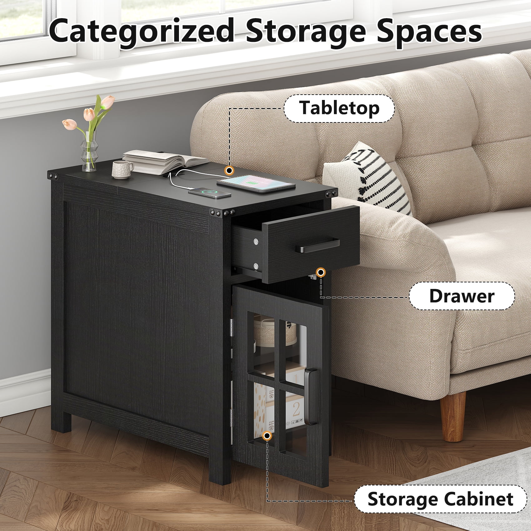 Winkalon Farmhouse End Table with Charging Station, Sofa Side Table with Drawer and Storage Cabinet, Small Nightstand for for Living Room, Bedroom