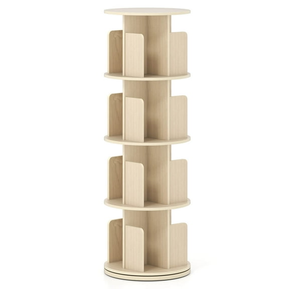 Costway 1 PCS 4-Tier Rotating Bookshelf 360° Display Rack with Dividers & Anti-falling Baffles Natural