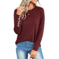 thumbnail image 3 of VISgogo - Camiseta holgada informal para mujer, color sólido, cuello redondo, manga larga, puños recortados con botones VISgogo  moda, 3 of 9