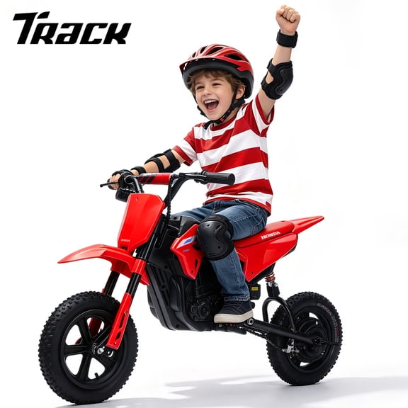 Track Seven 24V Electric Dirt Bike for Kids, Official Licensed Honda Electric Motorcycle, Up to10 Mph, Twist-Grip Throttle, 12" Pneumatic Tires, Bluetooth, Music, Motorcycle for Kids 6 , Red