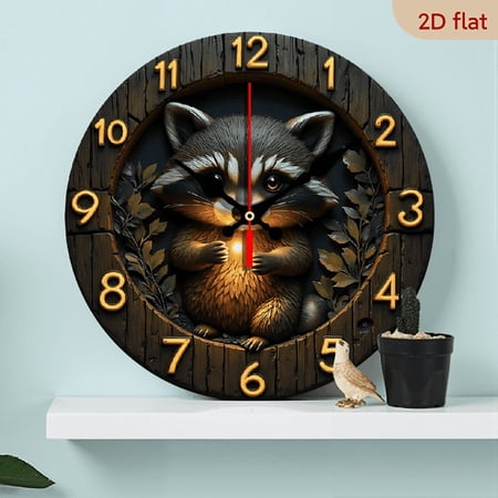 Raccoon with Simulate LED Optical Effects MDF Wood 10in Round Wall Clock, Silent Non-Ticking Battery Operated, Artistic Home Decor