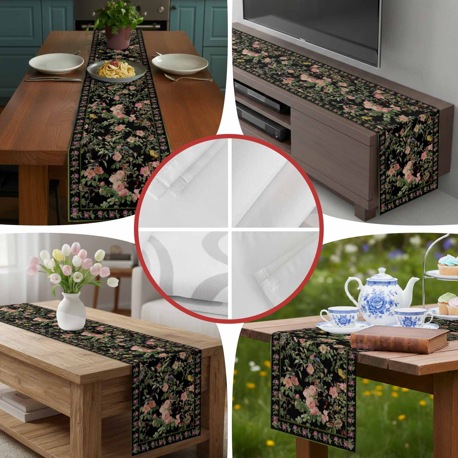 Black Spring Floral Burlap Cotton Table Runner 13x90 Inches Long, Elegant Pastoral Flowers Birds Retro Art Farmhouse Table Runners, Outdoor Dining Tablecloths Decor for Baby Shower/Party/Wedding