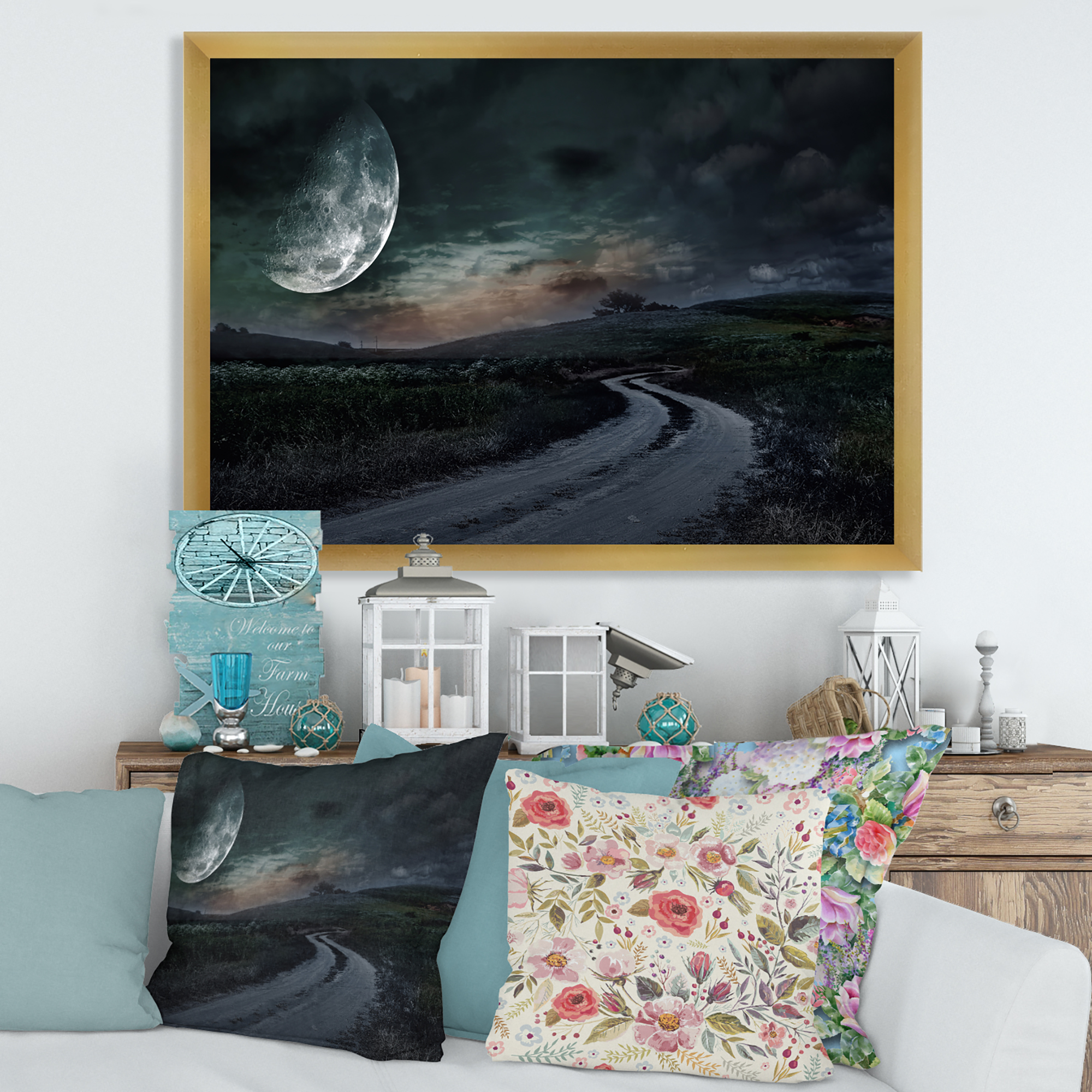 Designart 'The Meadow Under Full Moon With Rural Road Through ' Nautical & Coastal Framed Art Print