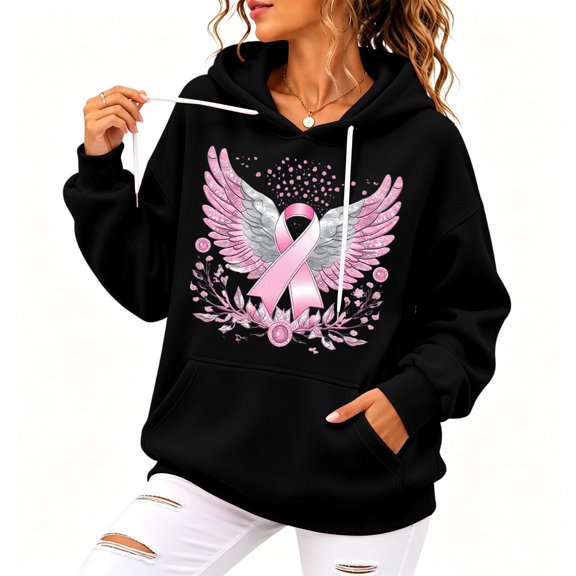 JULMCOMO in October We Wear Pink Sweatshirt for Women Angel Wings Print Breast Cancer Awareness Loose Casual Hoodie Long Sleeve Comfy Pullover Outfits Black L