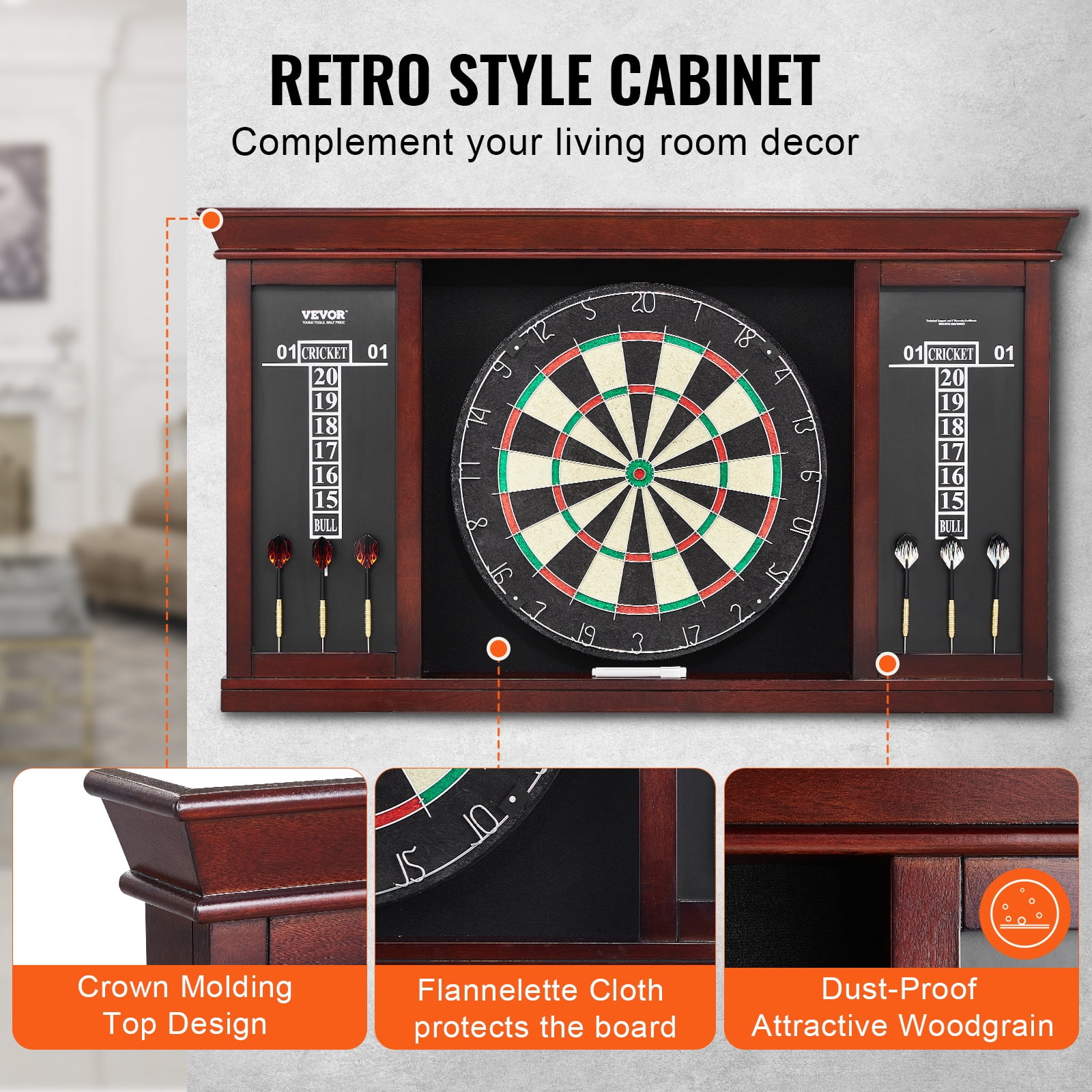 VEVOR Dartboard and Cabinet Set, Ready-to-Play Bundle Official Size Dartboard Cabinet Set, Steel Tip Dart Cabinet, Features Easy Assembly, Complete with All Accessories, Perfect for Cricket Games