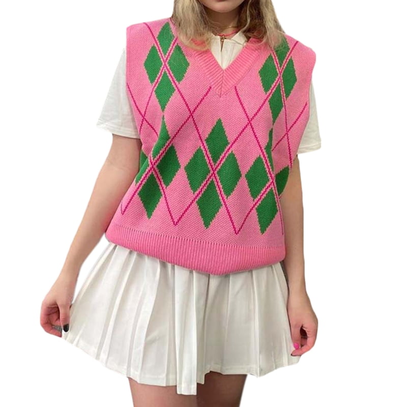 Techinal Women Retro Pink Knitted Sleeveless Vest Preppy Style V-Neck ...