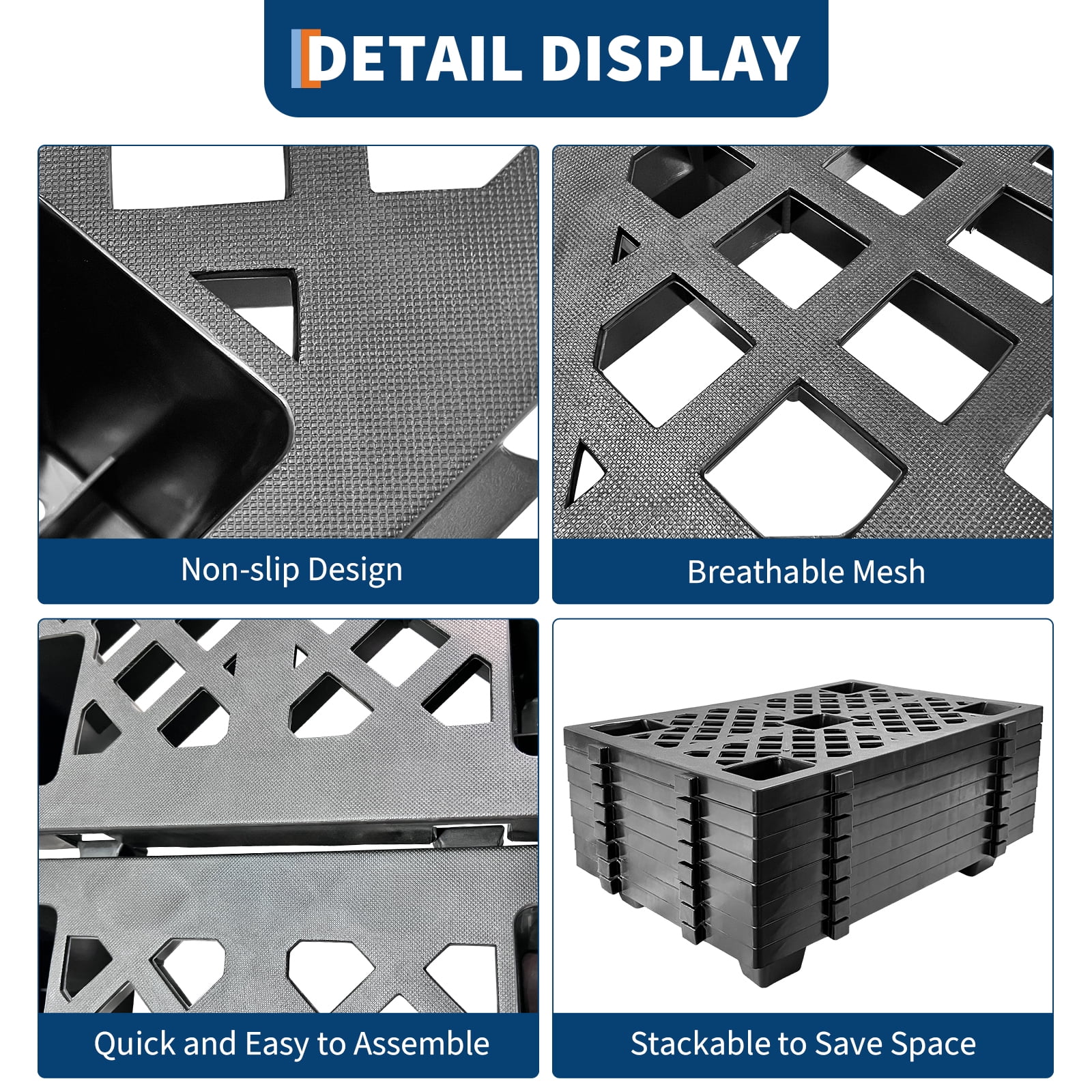 Heavy Duty Interlinked Plastic Pallet, Stackable Storage Pad, Ventilated Grid, Waterproof & Dampness Resistant, Slip Resistant, Warehouse & Garage Use, Black, 6 Pack
