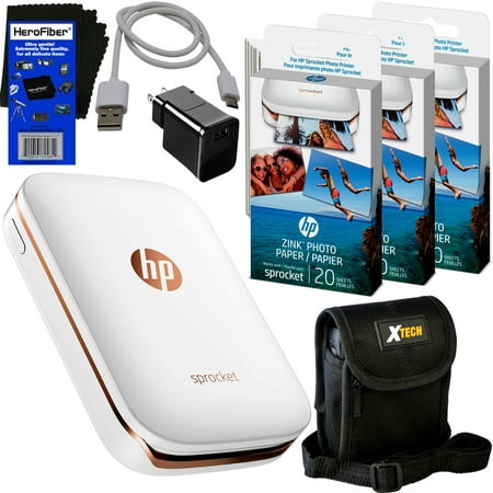 HP Sprocket Photo Printer, Print Social Media Photos on 2x3 Sticky-Backed Paper (White) + Photo Paper (70 sheets) + Protective Case + USB Cable with Wall Adapter + HeroFiber Gentle Cleaning (Best Printer For Art Prints)