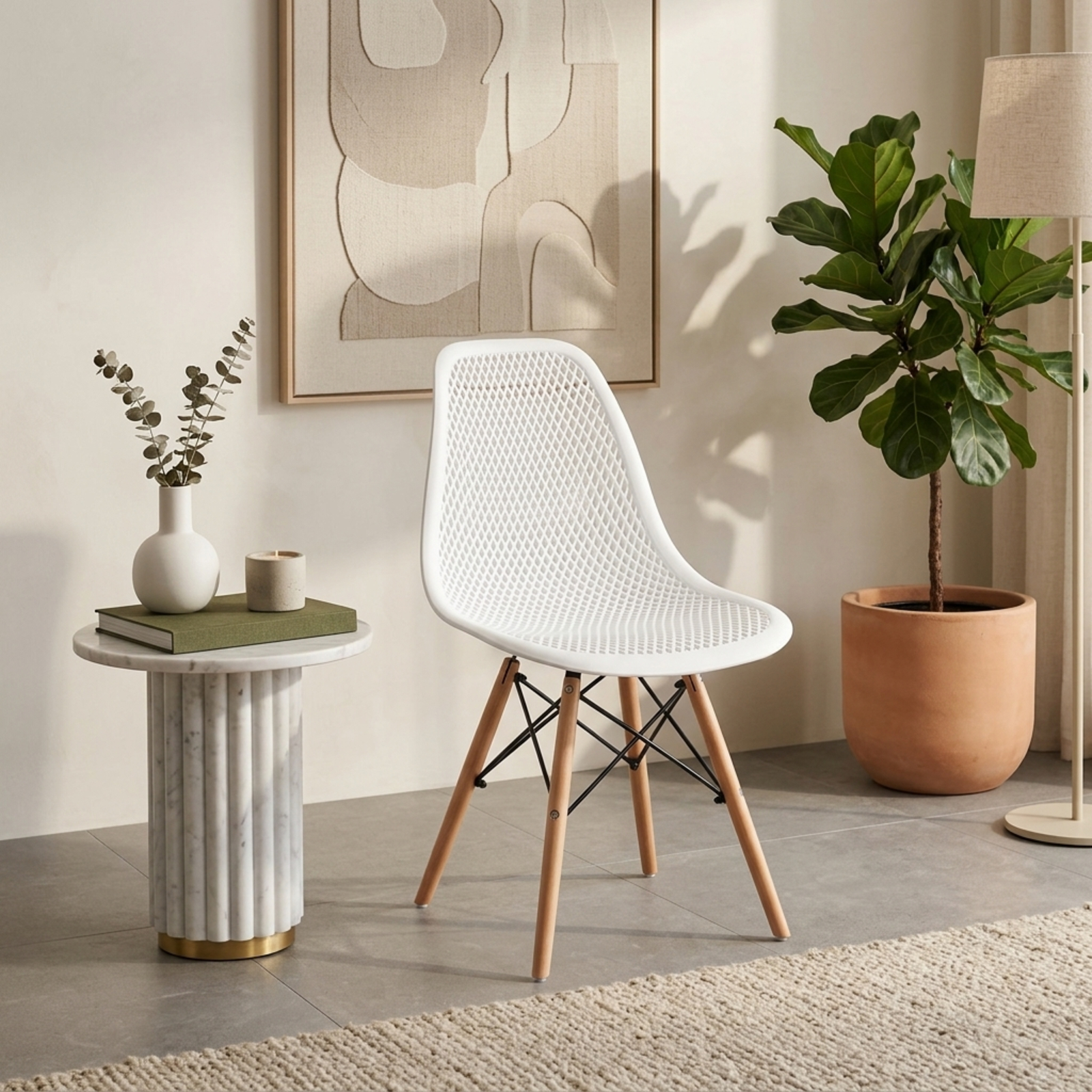 Furnibear 4 Pieces Modern Plastic Hollow Chair Set with Wood Leg for Kitchen Dining Room Living Room Home, White