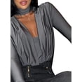 thumbnail image 3 of One opening Women's Spring Autumn Short Playsuit Solid Color Long Sleeve Deep V Neck Pleated Bodysuit, 3 of 4