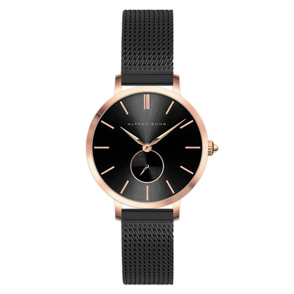 Alfred Sung Ladies Serenity Rose Gold Black Dial Mesh Watch