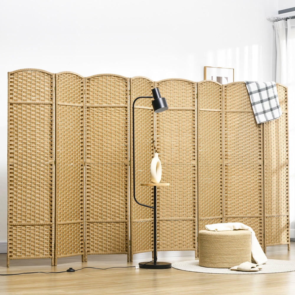 GVN Privacy Panels Decorative Privacy Fence,Folding Room Divider Screen 8 Panel 5.6' Tall Privacy Screen Freestanding Room Partition, Nature Wood