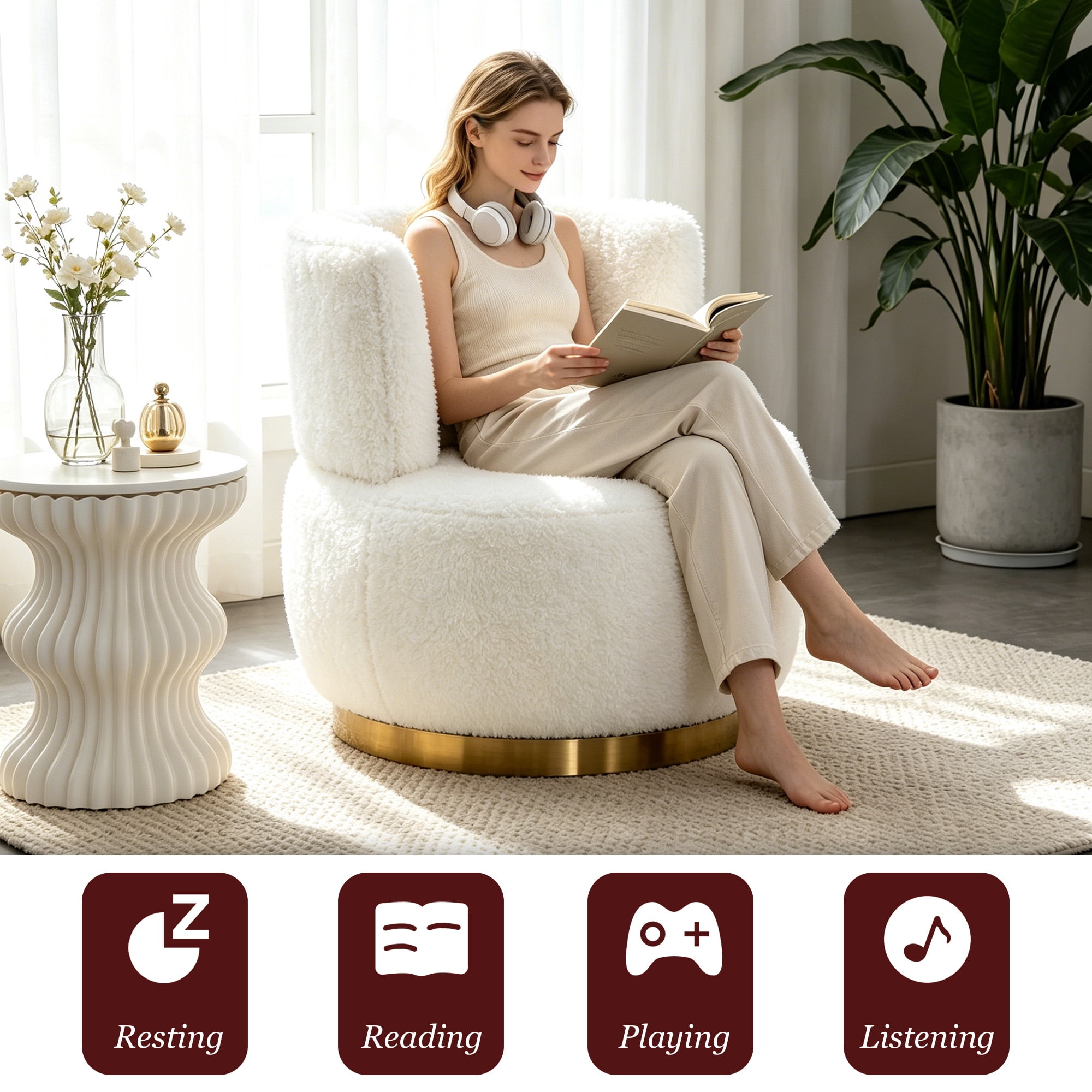 MOONMISS 360° Swivel Barrel Accent Chairs, Round Armchairs with Wide Upholstered, Teddy Fabric for Living Room, Bedroom,White