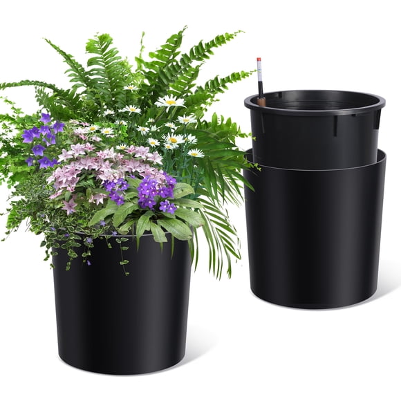 Jardinières Noires – Ensemble de 2 Grands Pots de 20 Pouces pour l'Intérieur/l'extérieur – Auto-Arrosage, Drainage Intégré – Moniteur d'Eau et Roues – Patio, Véranda, Salon et Bureau – Plastique
