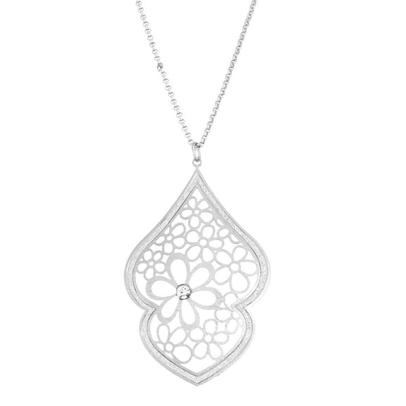 X & O Fine Silver Plated Double Spade Flower Filigree with Crystal Necklace