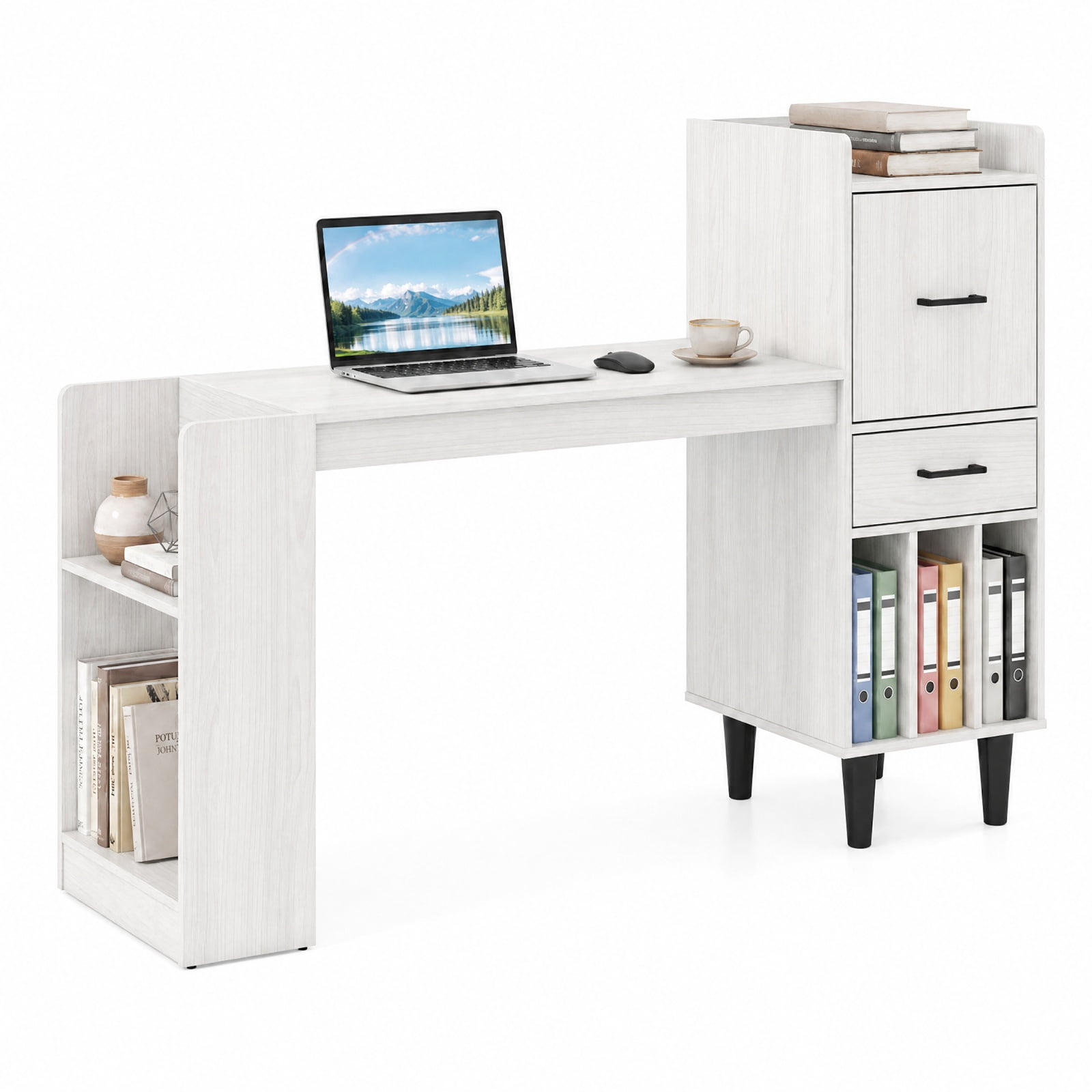 Furnibear 59 Inch Home Office Desk with Side Storage Shelves Drawer and Cabinets for Bedroom Study and Home Work, White Oak