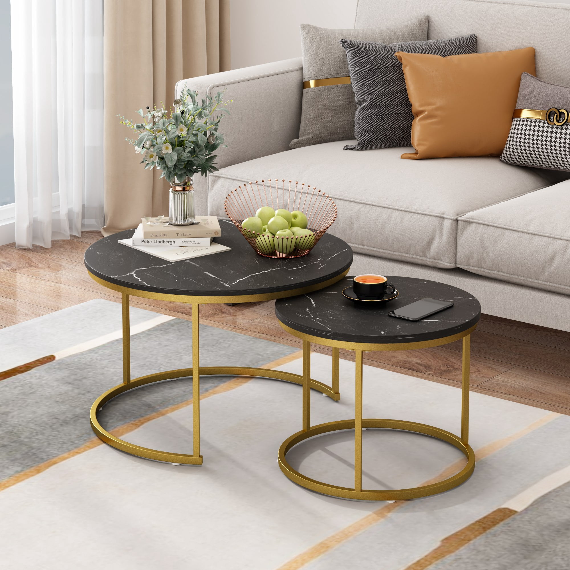 27.6in Nesting Coffee Table Set of 2, Round Coffee Table Wood Marble Pattern Top with Sturdy Metal Frame, End Table Side Tables for Living Room Bedroom Balcony Yard (Black)