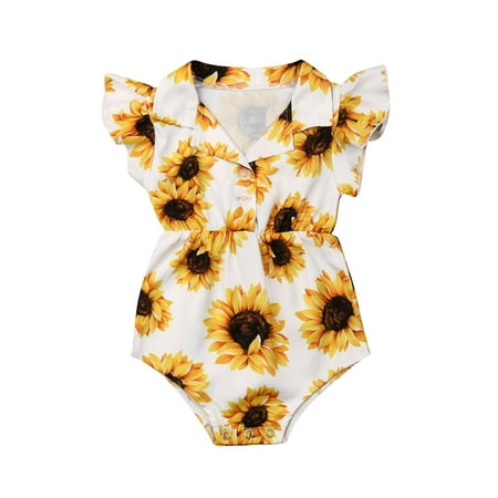 

Musuos Infant Girl Printed Sunflower Flying Sleeve V-Neck Casual Romper