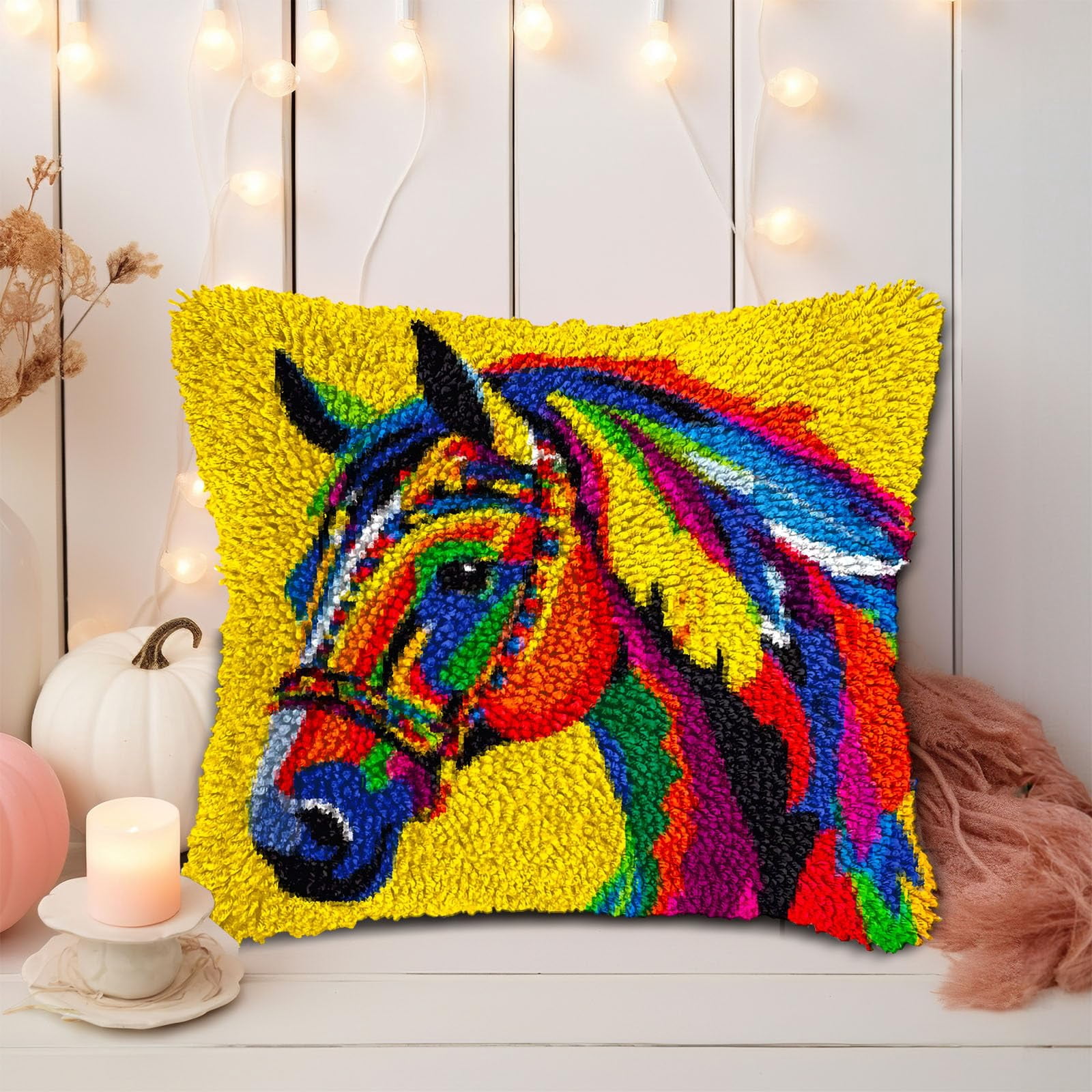Colorful Horse DIY Latch Hook Pillow Kits for Adults Printed Pillowcase Crochet Yarns Hooking Handmade Pillow Cover Cushion for Home Sofa Decoration 17x17inch