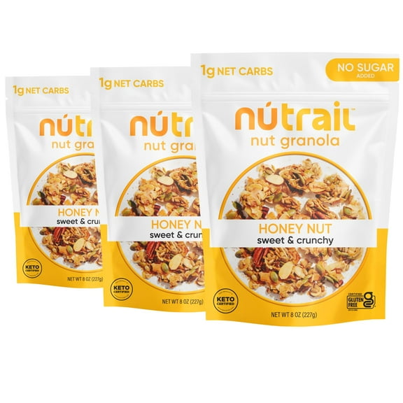 NuTrail Nut Granola Cereal, Honey Nut, AIS1 No Sugar Added, Keto, Low Carb, Gluten Free, Grain Free, Healthy Breakfast 8 oz. 3 Count