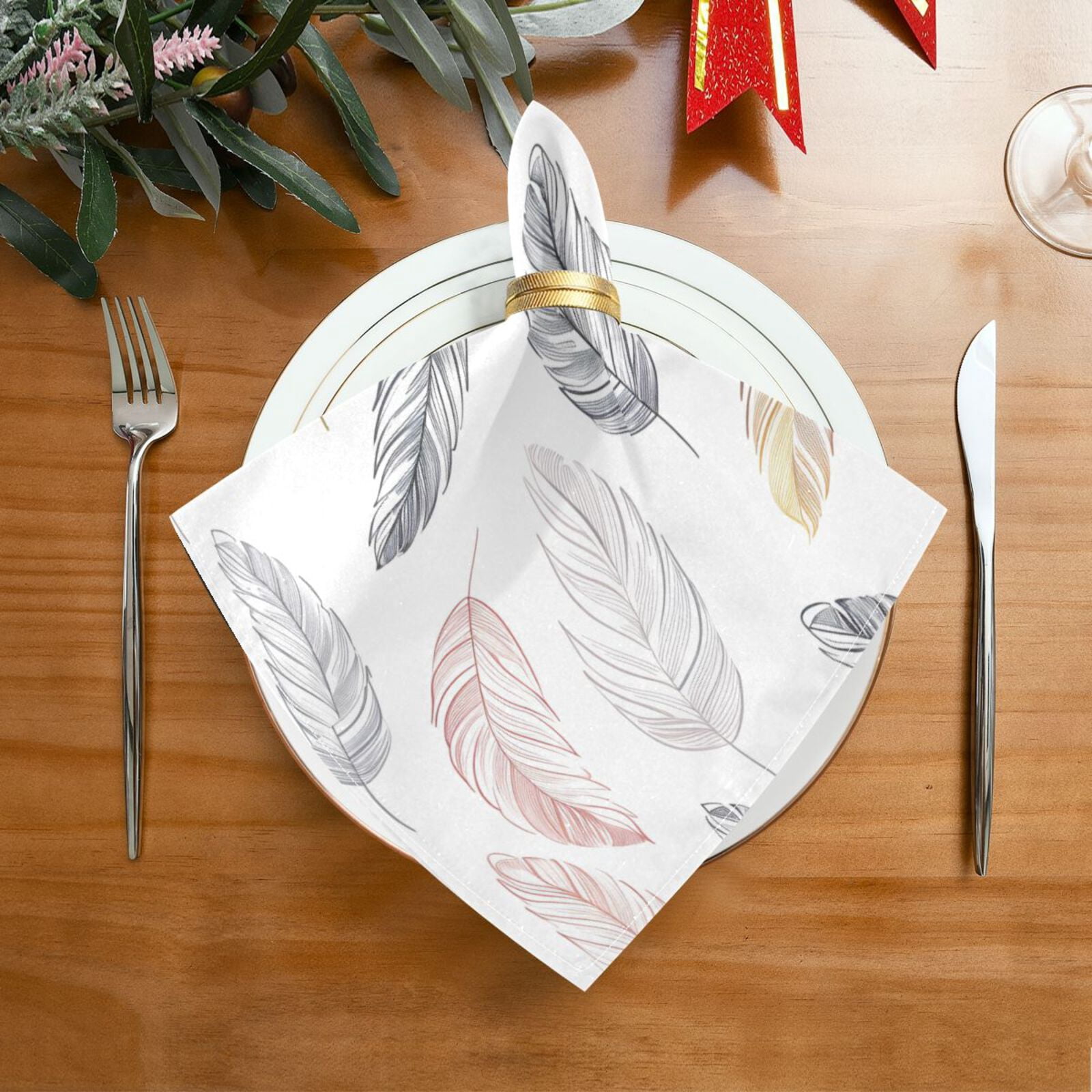 JSTEL Colorful Feathers Cloth Napkins Set of 6, 20x20 Inch Washable and Reusable Napkin for Decoupage Dinner Party Everyday Use