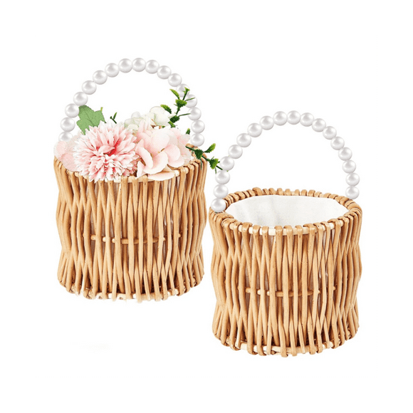 2Pcs Wicker Wedding Flower Girl Baskets Pearl Wicker Rattan Handwoven Basket Wicker Basket with Handle Straw