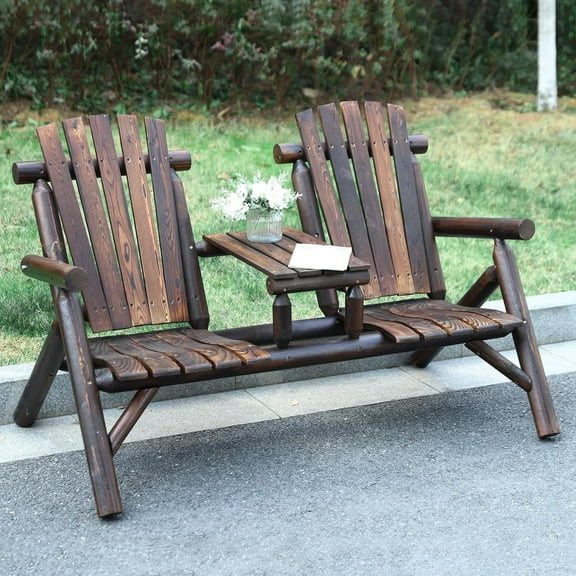 Outdoor 2-Person Wooden Adirondack Bench, Conversation Furniture Set with Patio Rustic Loveseat & Built-in Table, Carbonized Garden Bench Fire Pit Chair for Backyard Porch Pool Deck